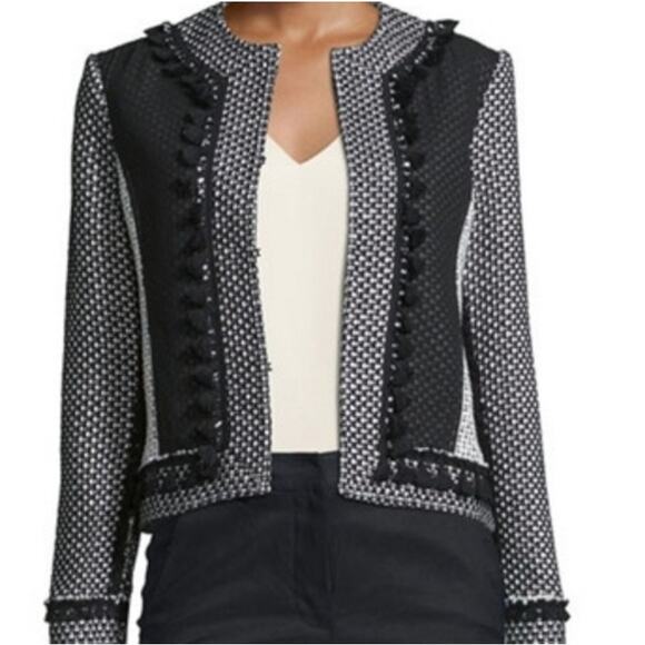 Derek Lam 10 Crosby Tassel-Trim Tweed Linen-Blend Jacket White/Black Size 4 - Picture 2 of 15